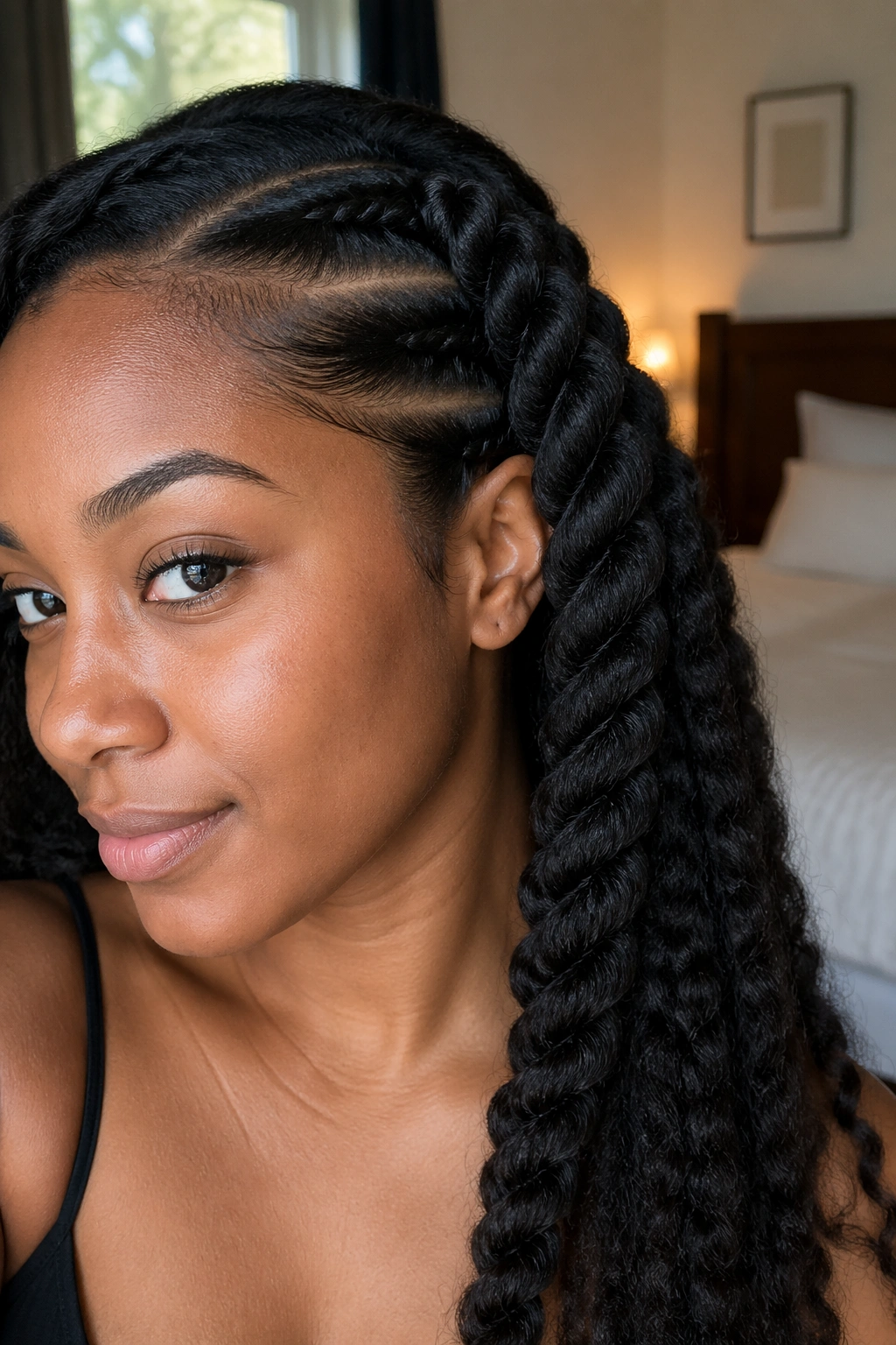 Close-up of a chunky side rope braid on stretched 3B/3C hair