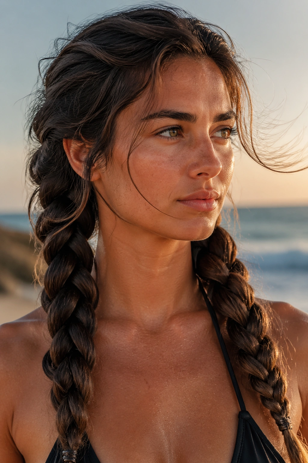 Close-up of a real person with thick hair and two chunky rope braids on the beach