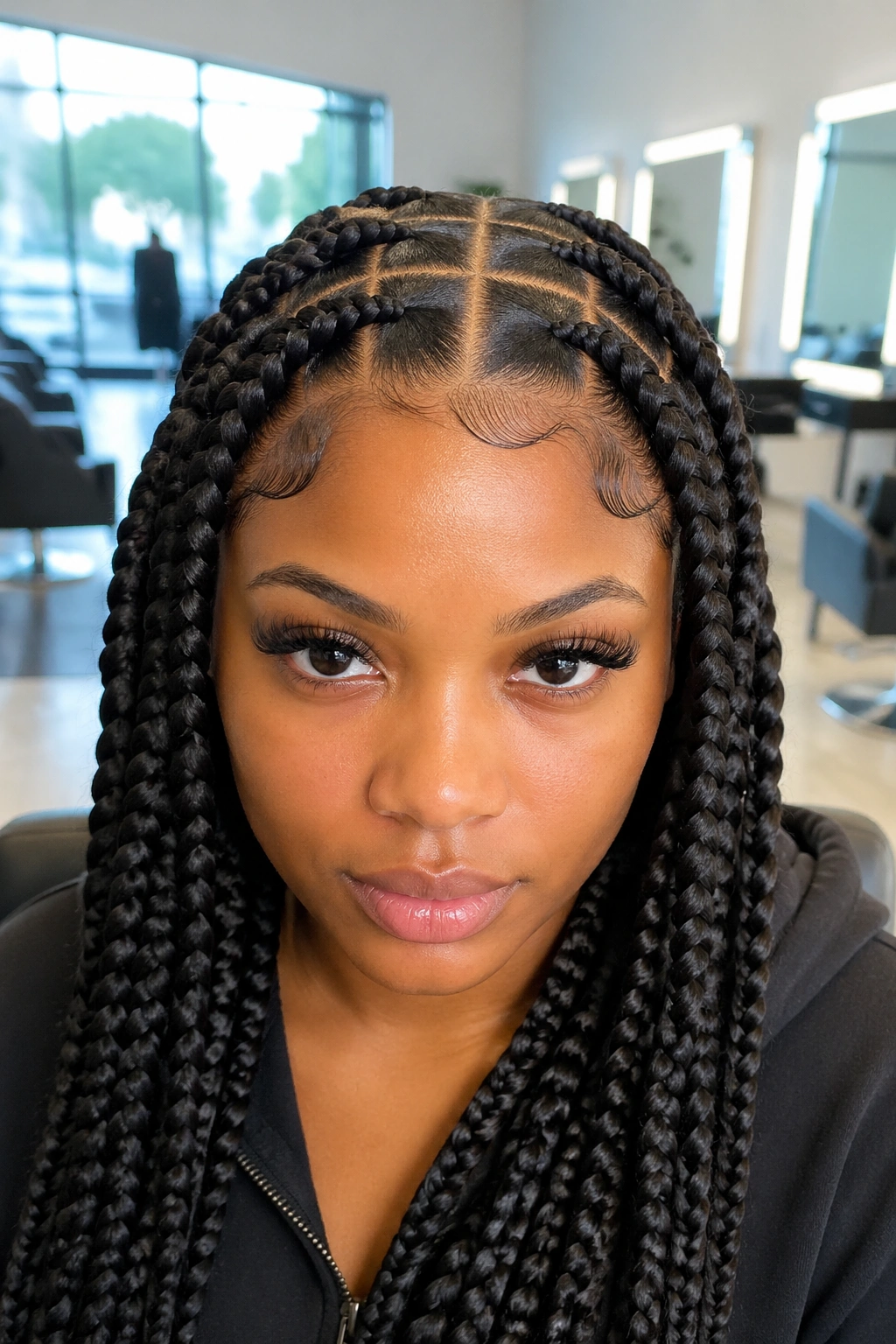 Close-up of a real person with chunky square-part jumbo braids and snatched edges.
