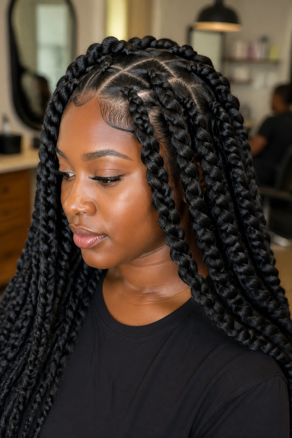 Close-up of a real woman with chunky tree braids creating big volume.