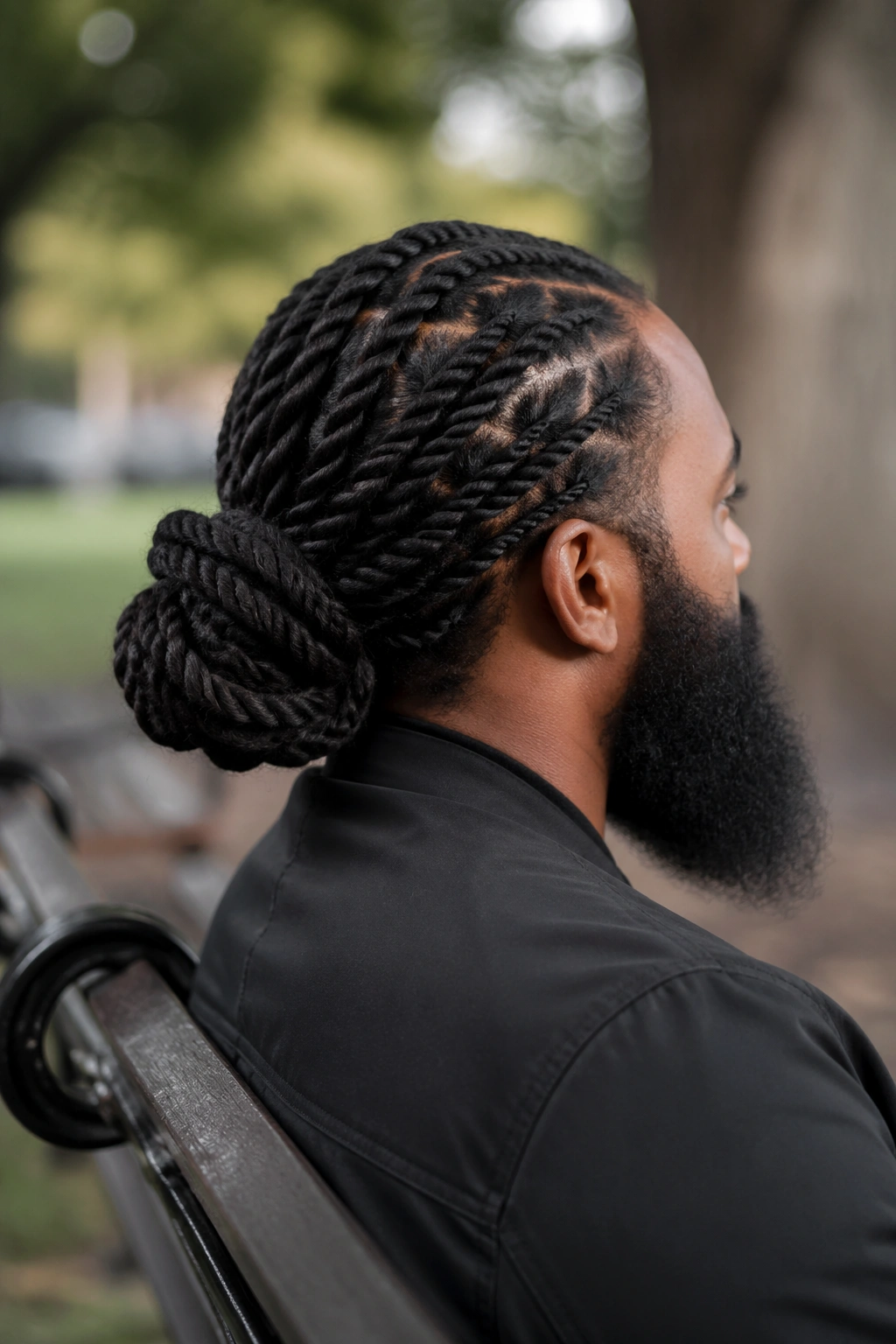 Real man with chunky twist braids pulled into a low bun at the nape
