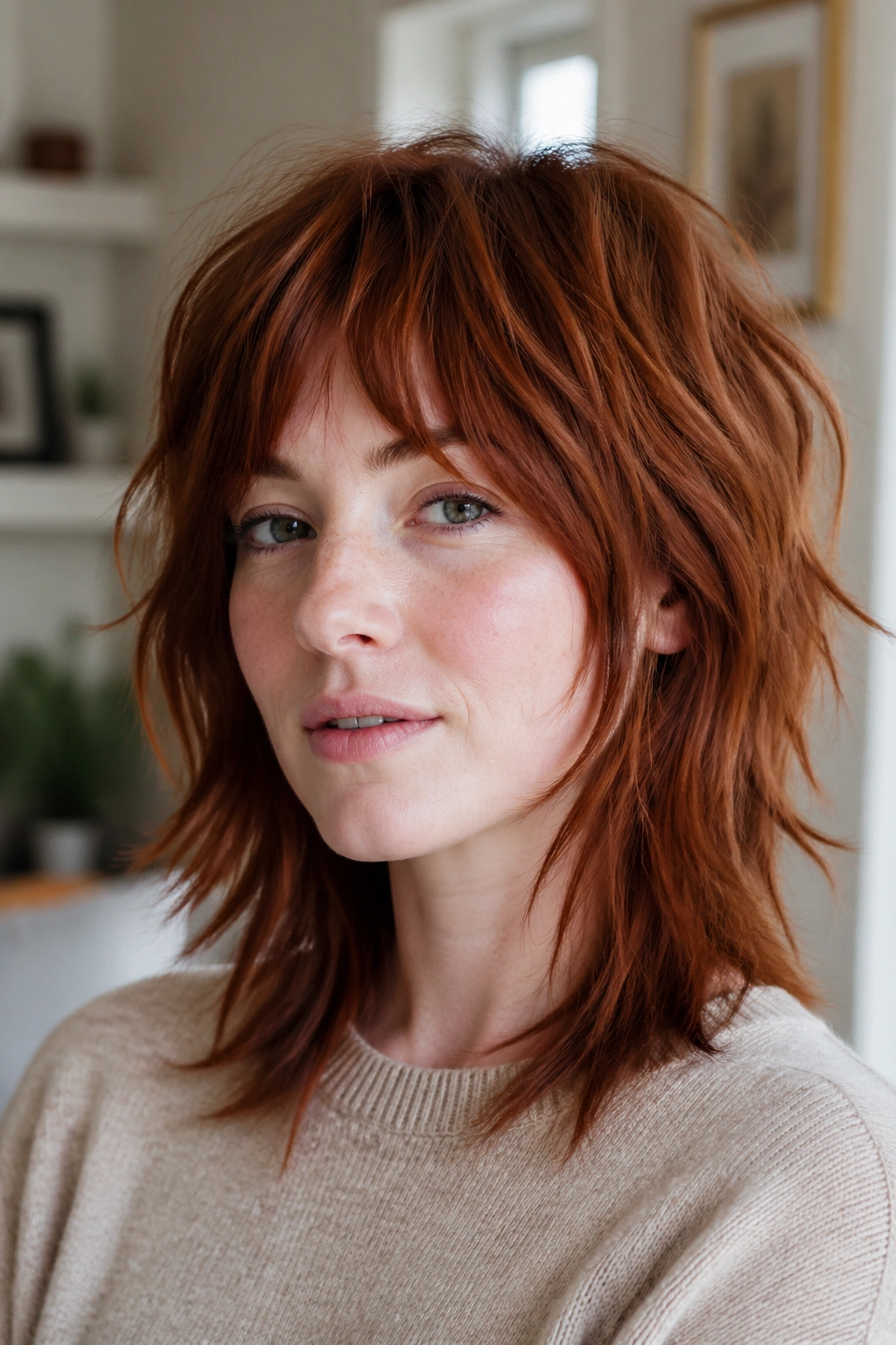 Close-up of woman with cinnamon auburn shag and choppy ends.