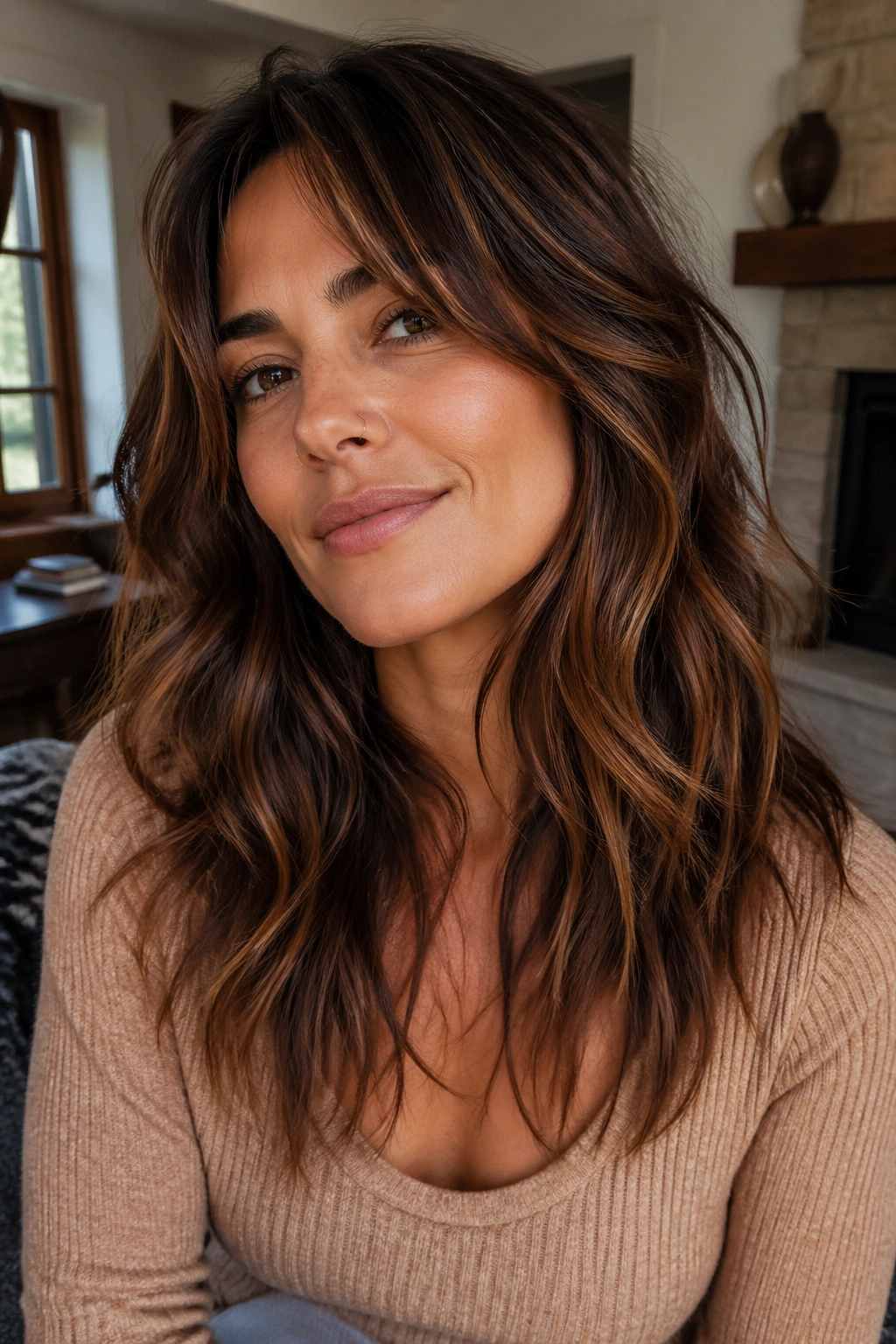 Close-up of a real woman with cinnamon balayage shag hairstyle, textured and layered