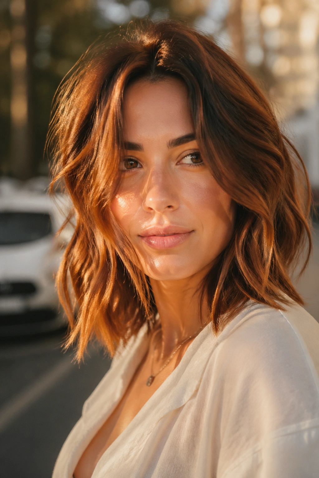 Close-up of real person with cinnamon balayage on tousled mid-length hair