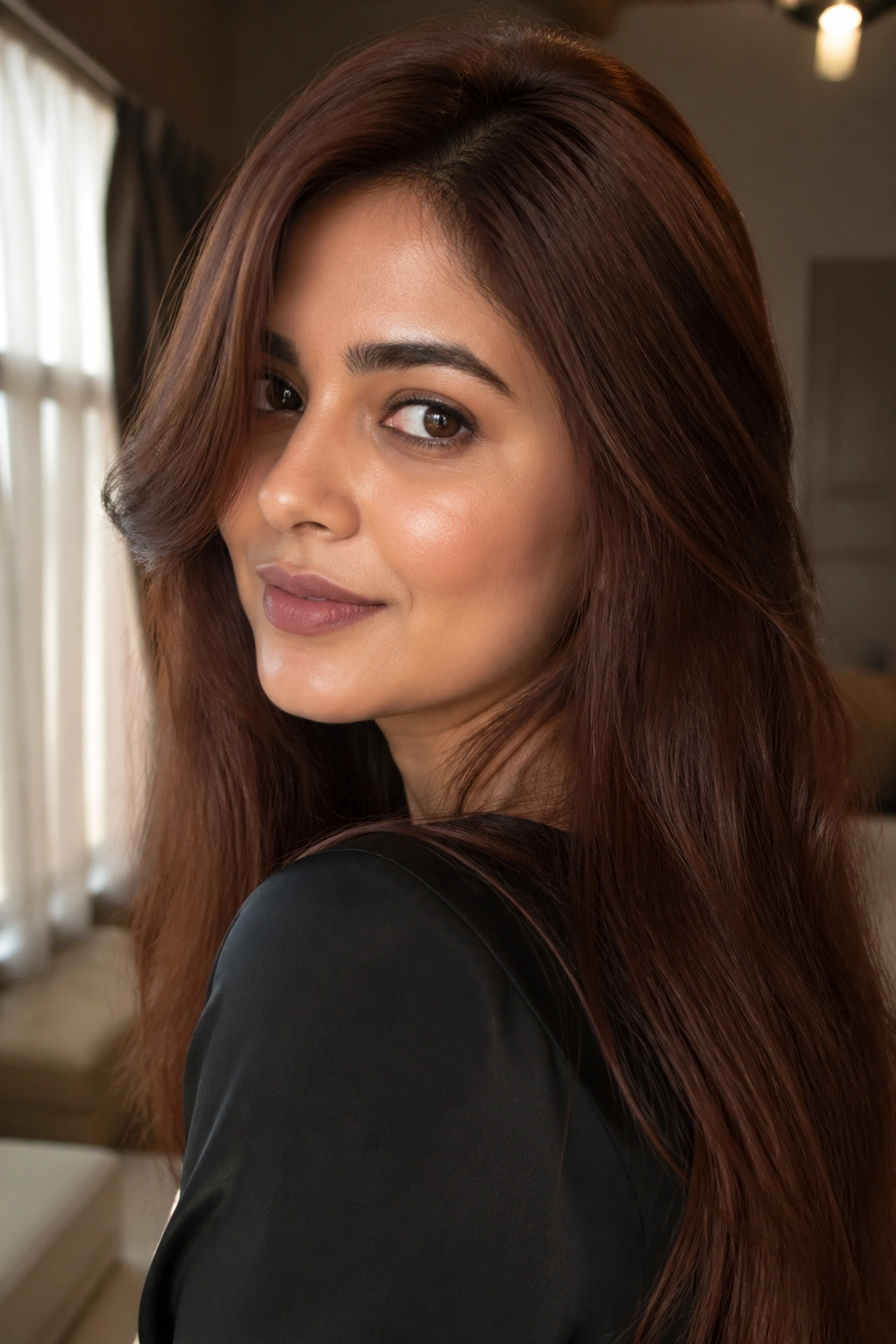 Close-up portrait of a real person with cinnamon brown hair in warm light