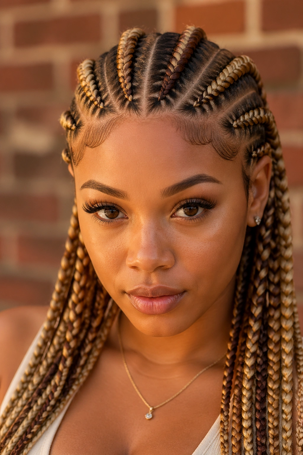 Close-up of a real woman with cinnamon brown and honey blonde feed-in cornrows.