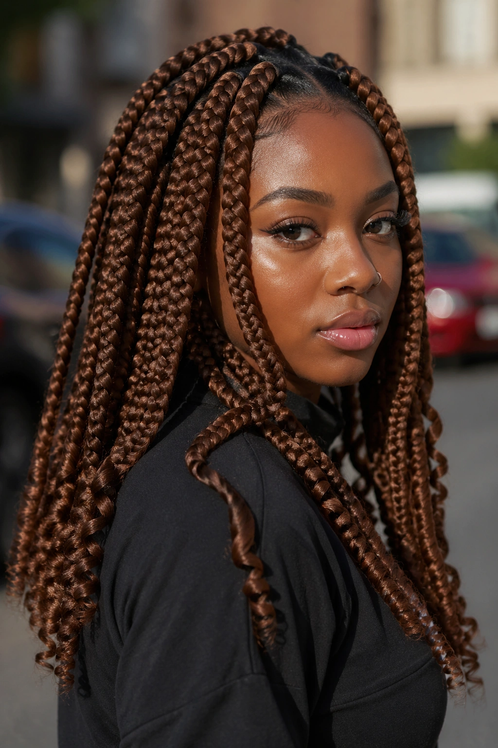 Cinnamon brown jumbo box braids with corkscrew ends on a real person