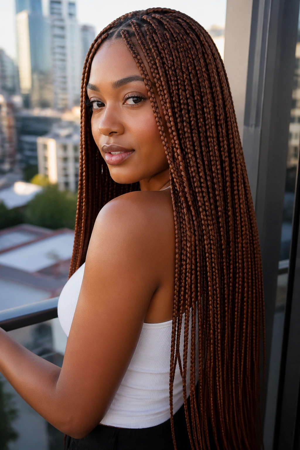 Close-up of a real person with long cinnamon brown knotless box braids