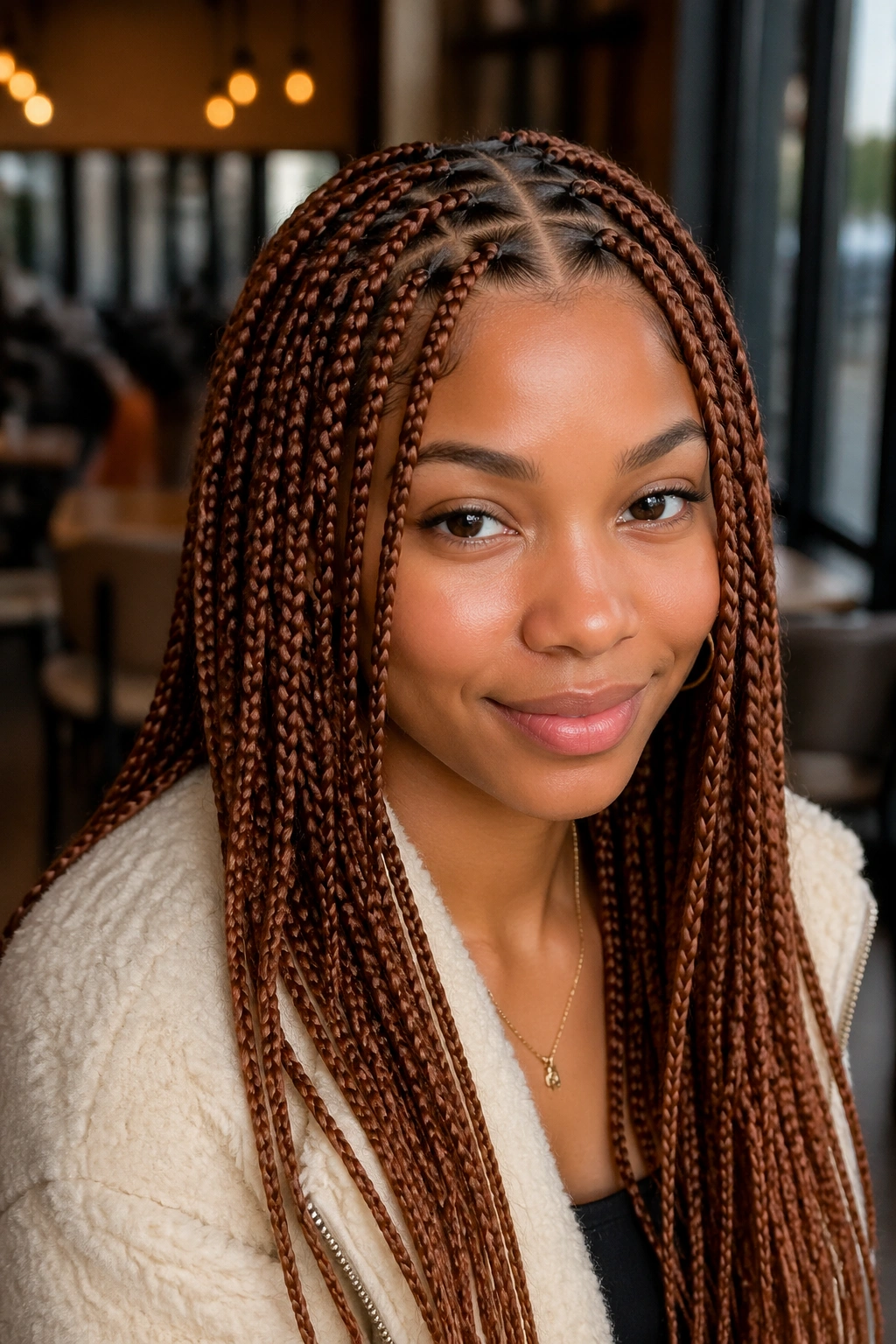 Close-up of real woman with cinnamon brown knotless braids and clean medium parts