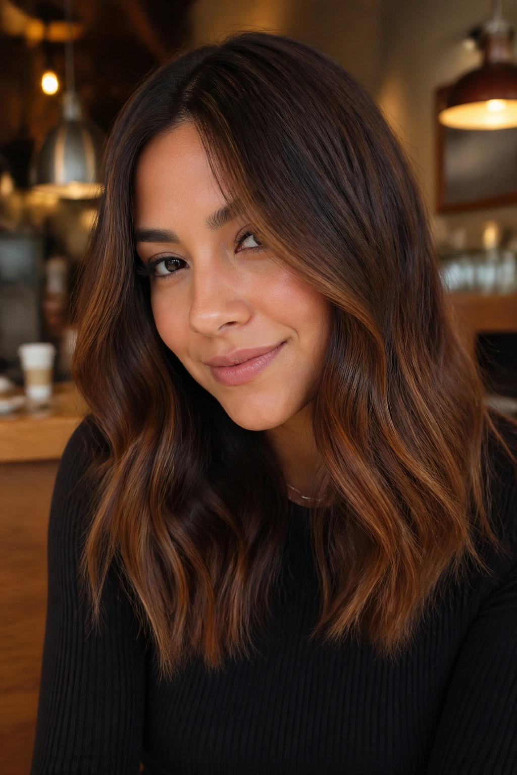 Close-up of real woman with cinnamon brown melt hair