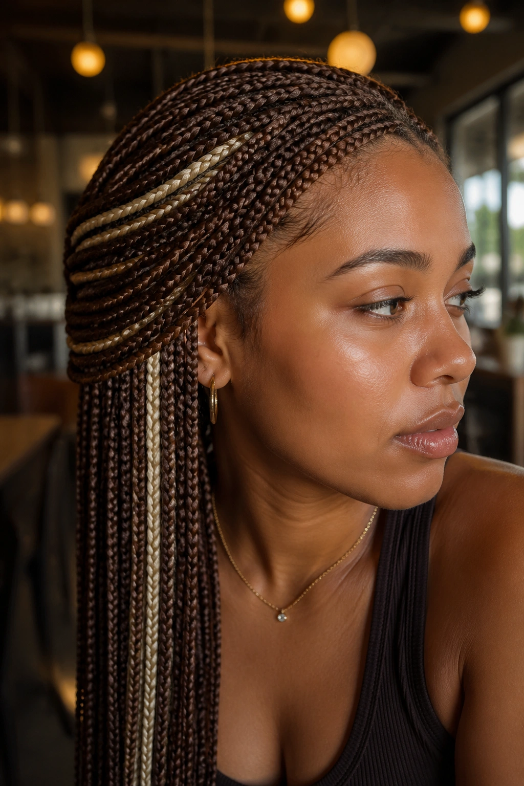 Close-up of cinnamon brown braids with blonde peekaboo pieces on a real person.