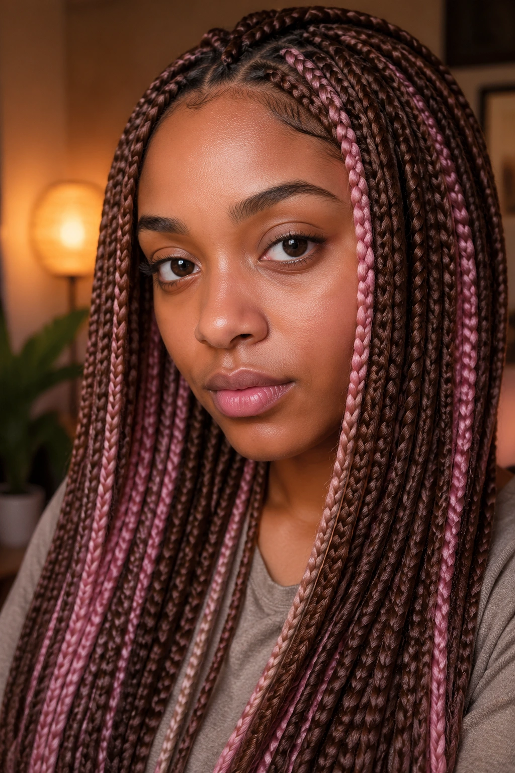 Close-up of cinnamon brown medium braids with rose pink peekaboo on a real person.