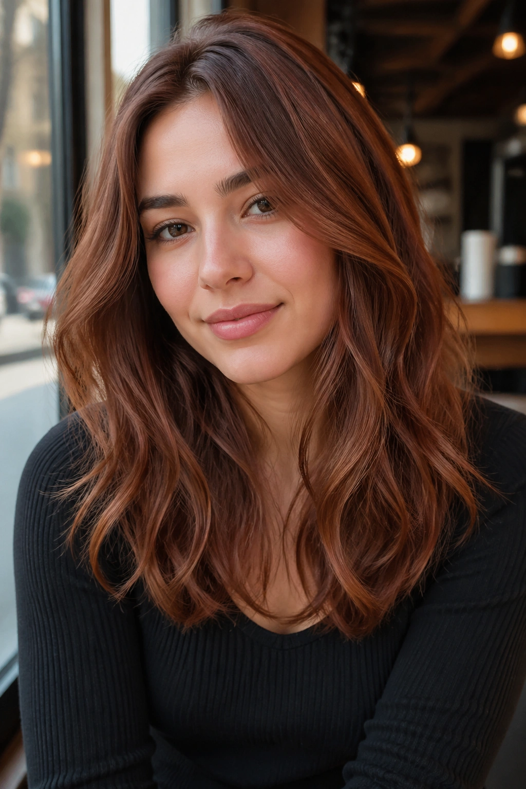 Close-up of a real woman with cinnamon brown hair and warm copper-red highlights in a sunlit cafe setting.