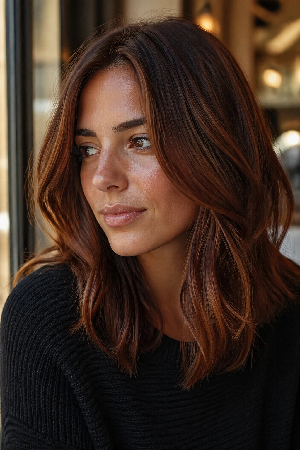Close-up portrait of a woman with cinnamon brunette hair in warm light