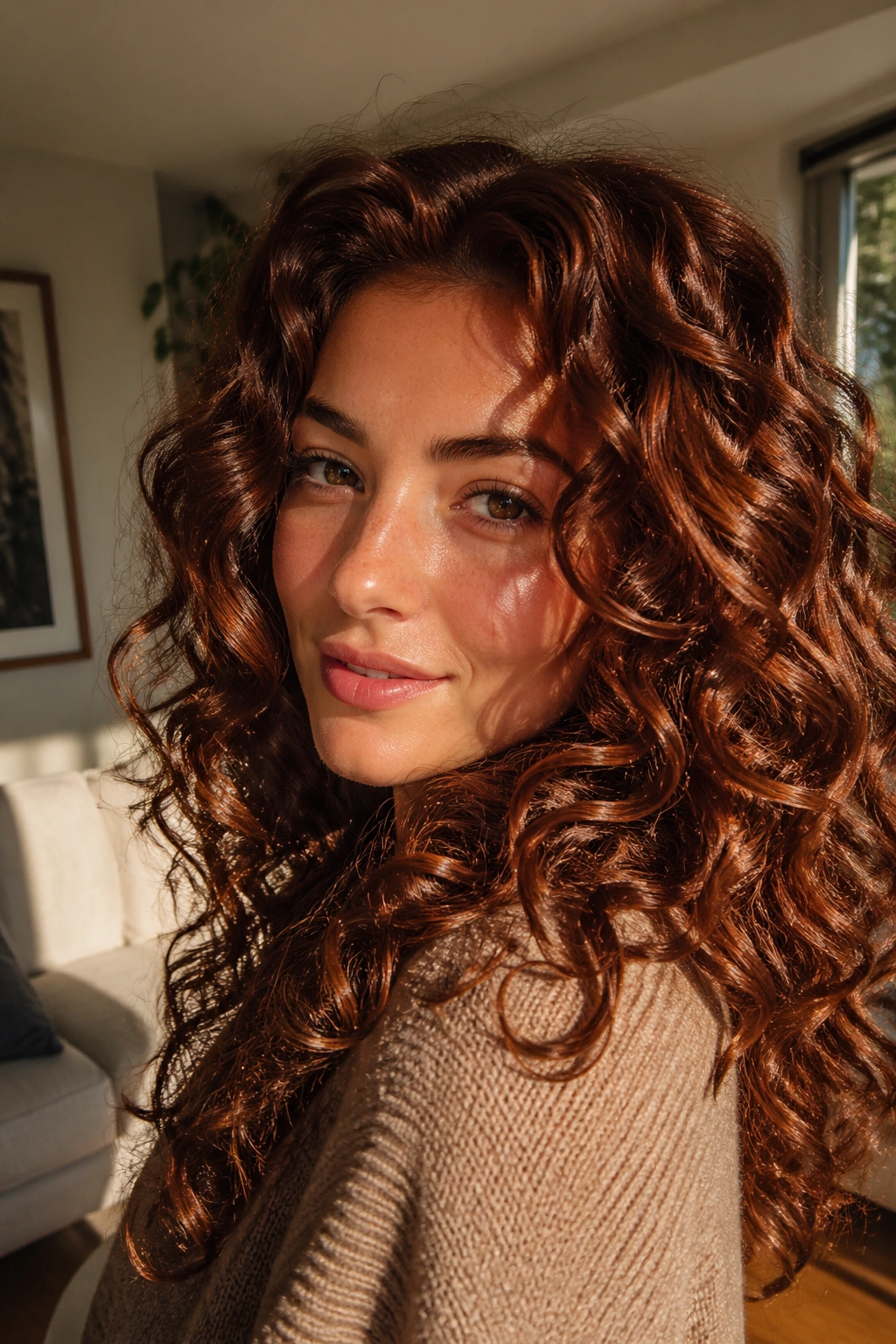Close-up portrait of a real woman with cinnamon brunette hair and warm red-brown tones.