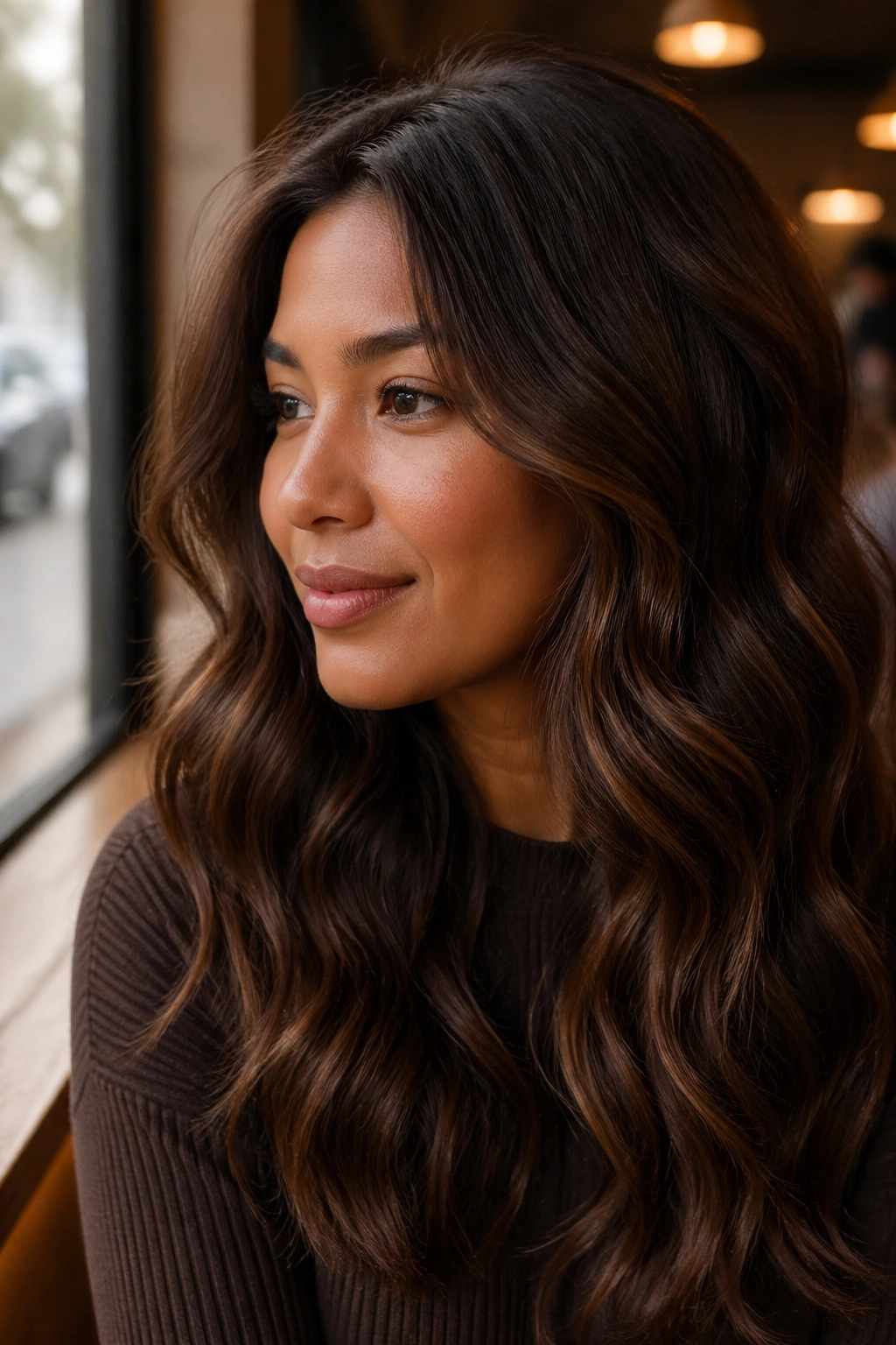 Close-up of a real woman with cinnamon-tinted chocolate waves in a sunlit cafe setting.
