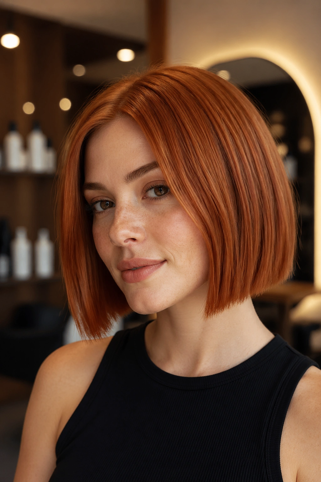 Blunt cinnamon copper bob with crisp edges