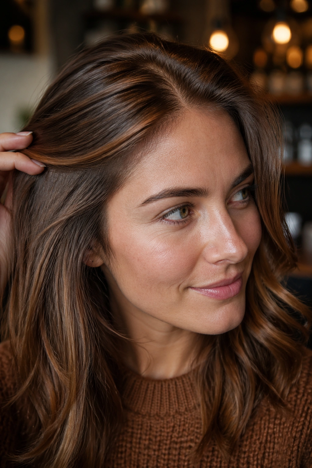 Real woman's hair with cinnamon-copper flecks near part line.