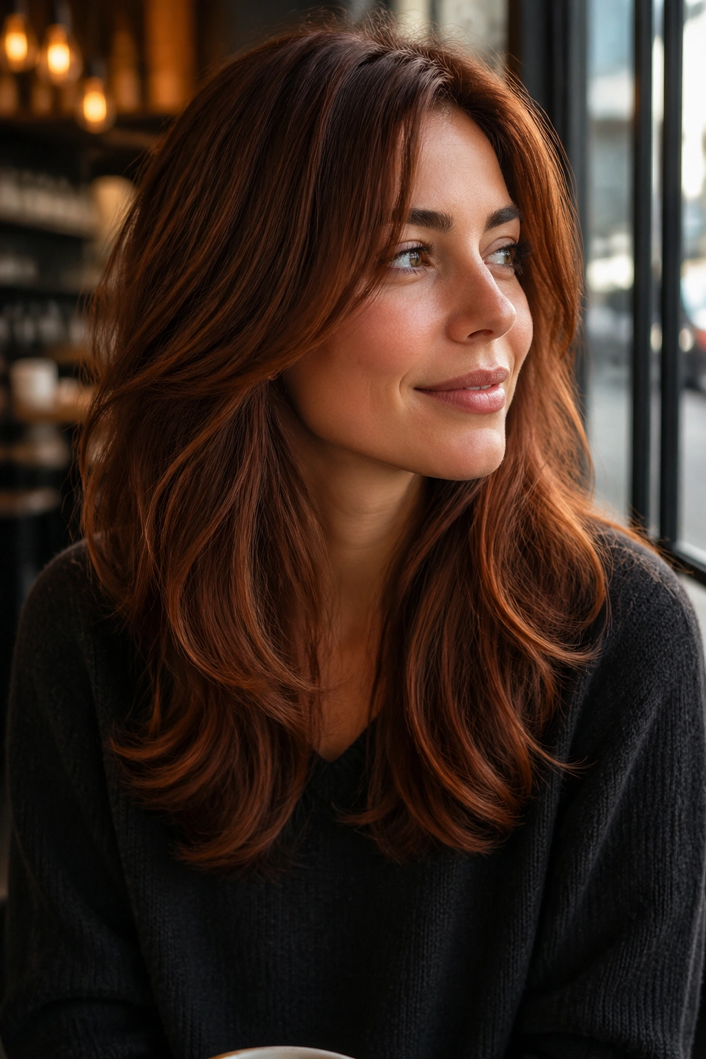 Close-up portrait of a woman with cinnamon copper hair color in soft daylight