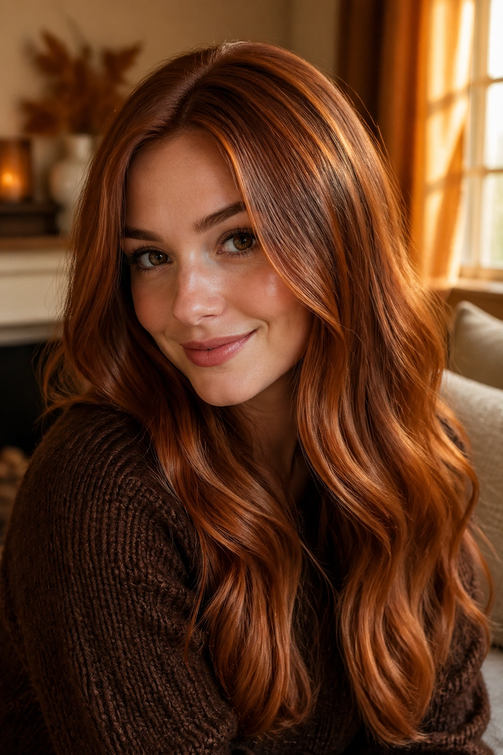 Close-up portrait of a real woman with cinnamon copper hair in warm fall light