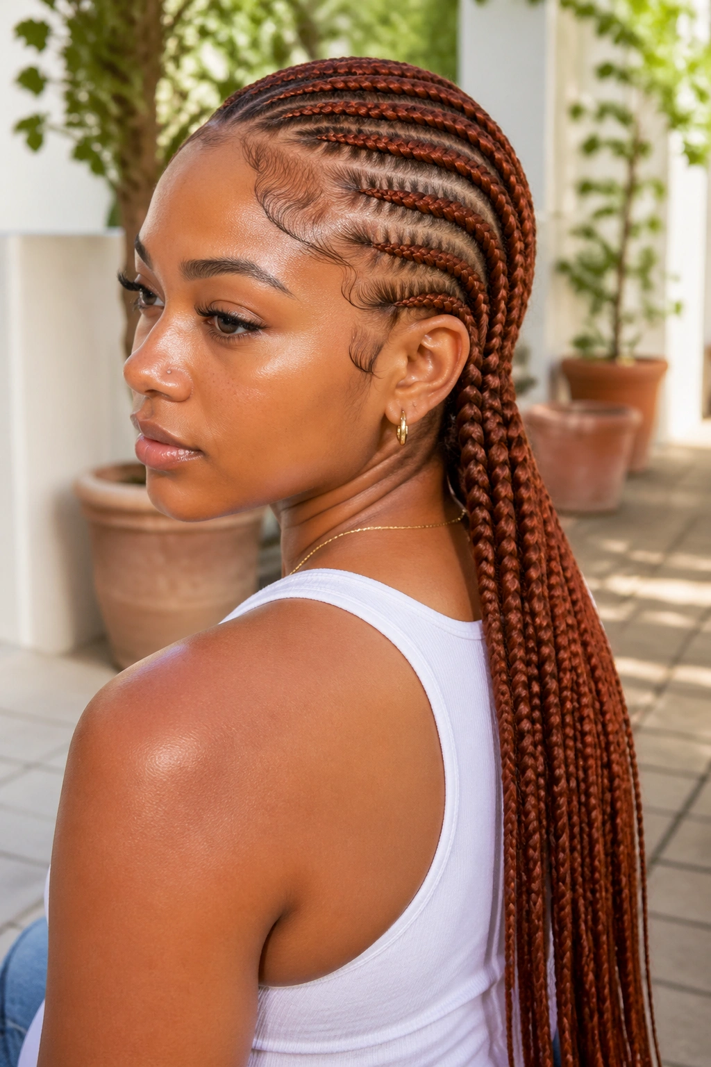 Close-up of cinnamon feed-in cornrows on a real person