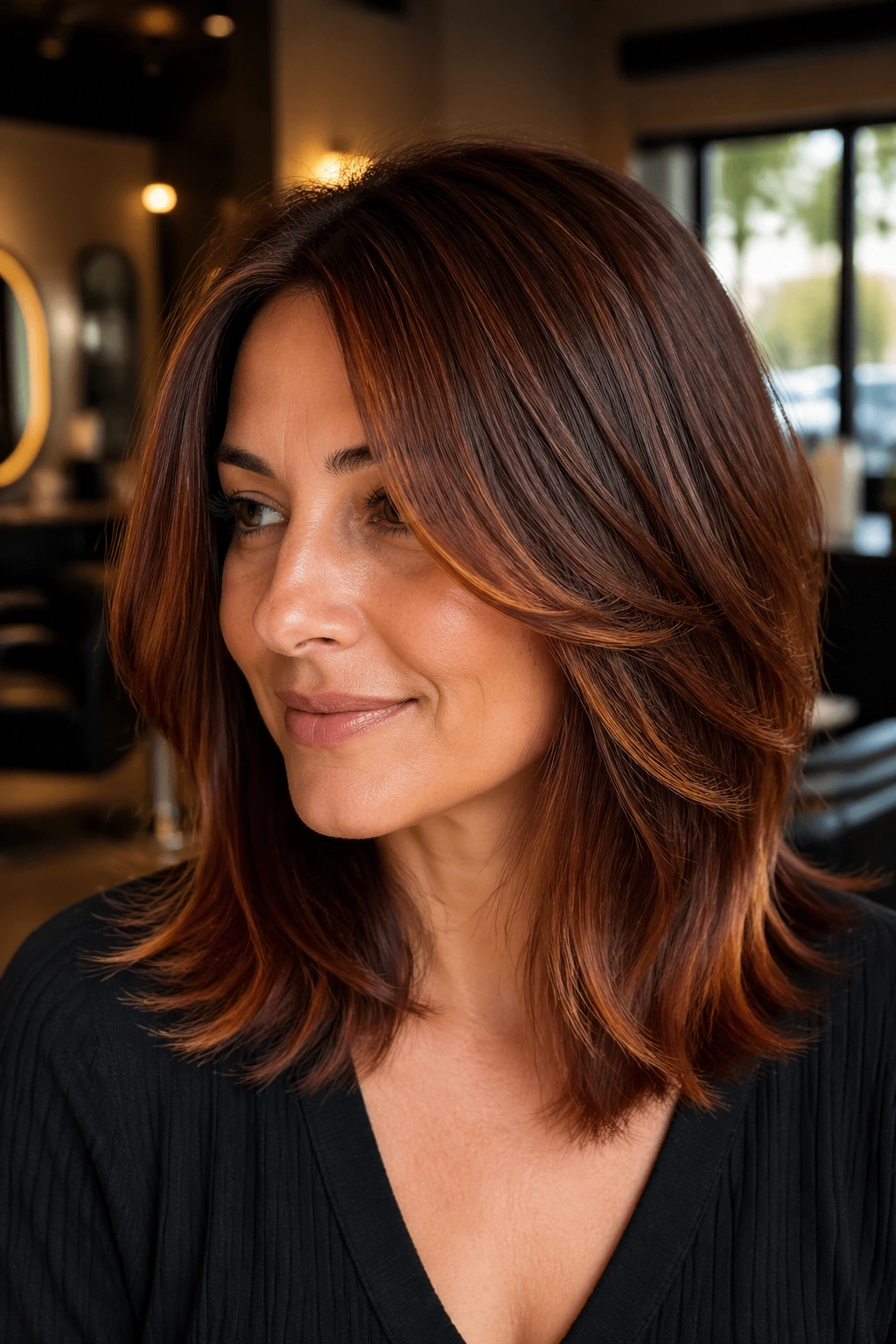 Close-up of a real woman with cinnamon mahogany layered hair in warm salon lighting