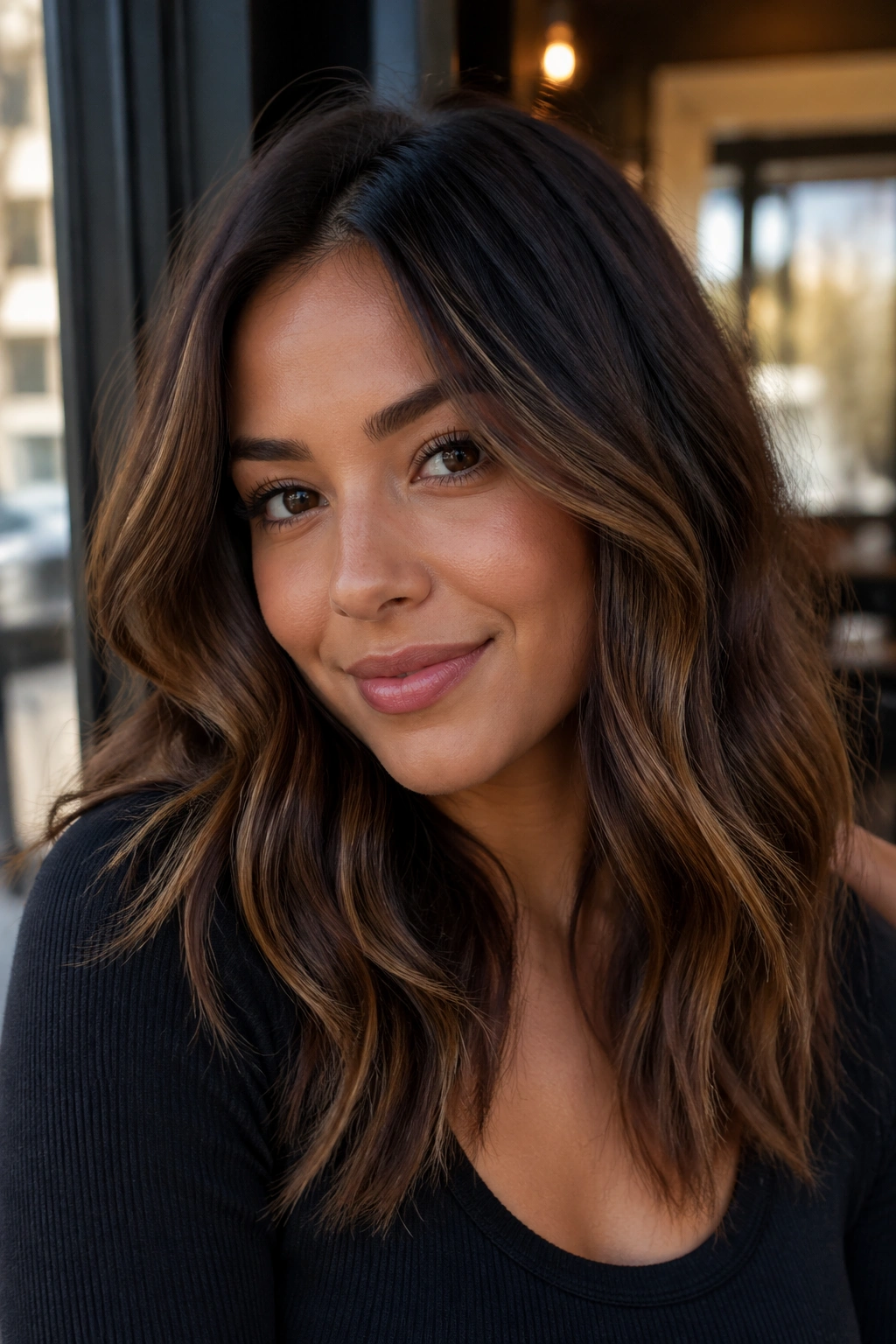Close-up of a woman with cinnamon mocha balayage hair in a warm cafe setting