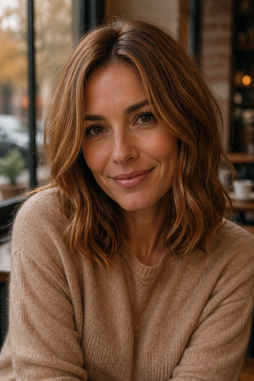 Portrait of a real woman with cinnamon-spice dark blonde hair in cafe lighting.