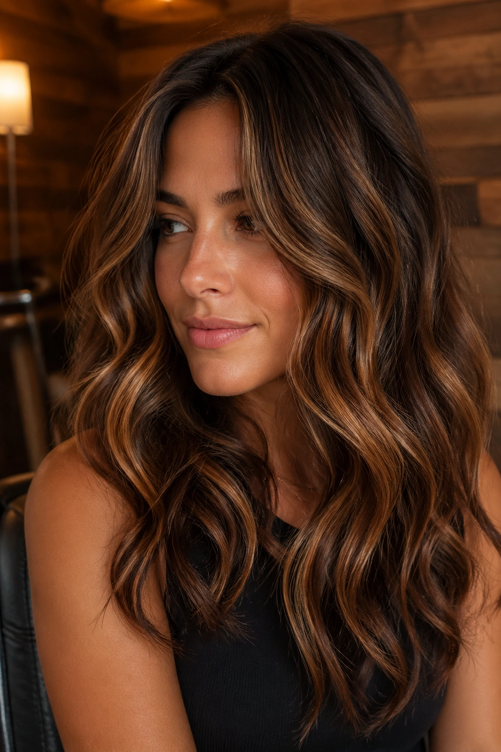 Close-up of cinnamon swirl balayage on medium brown hair with cinnamon tones