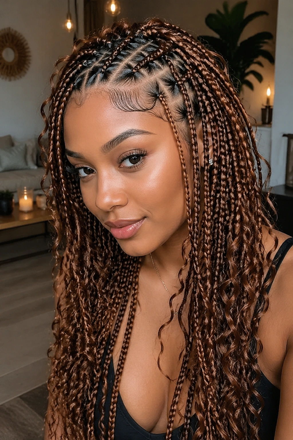Medium close-up of a real woman with cinnamon brown triangle-part boho box braids