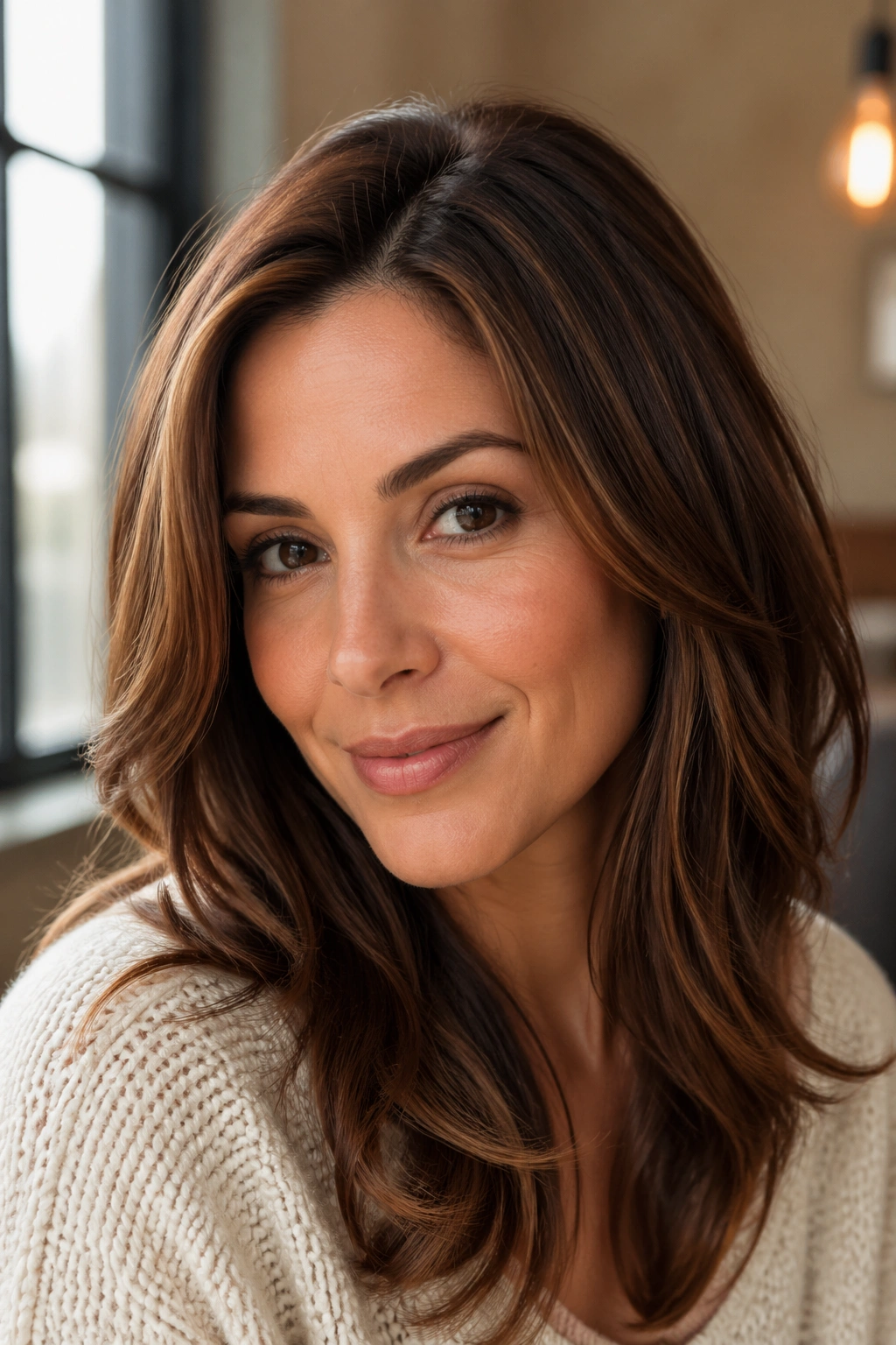 Close-up portrait showing cinnamon veil highlights on medium brown hair with soft, natural daylight.