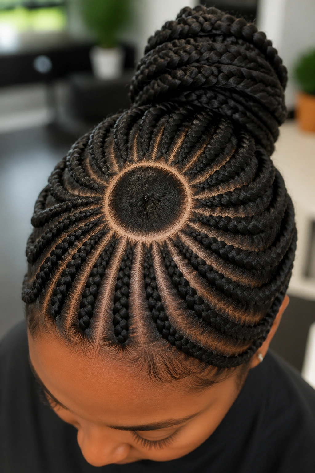Close-up of a circle part at the crown of a real person's hair for ponytail braids and top knots.