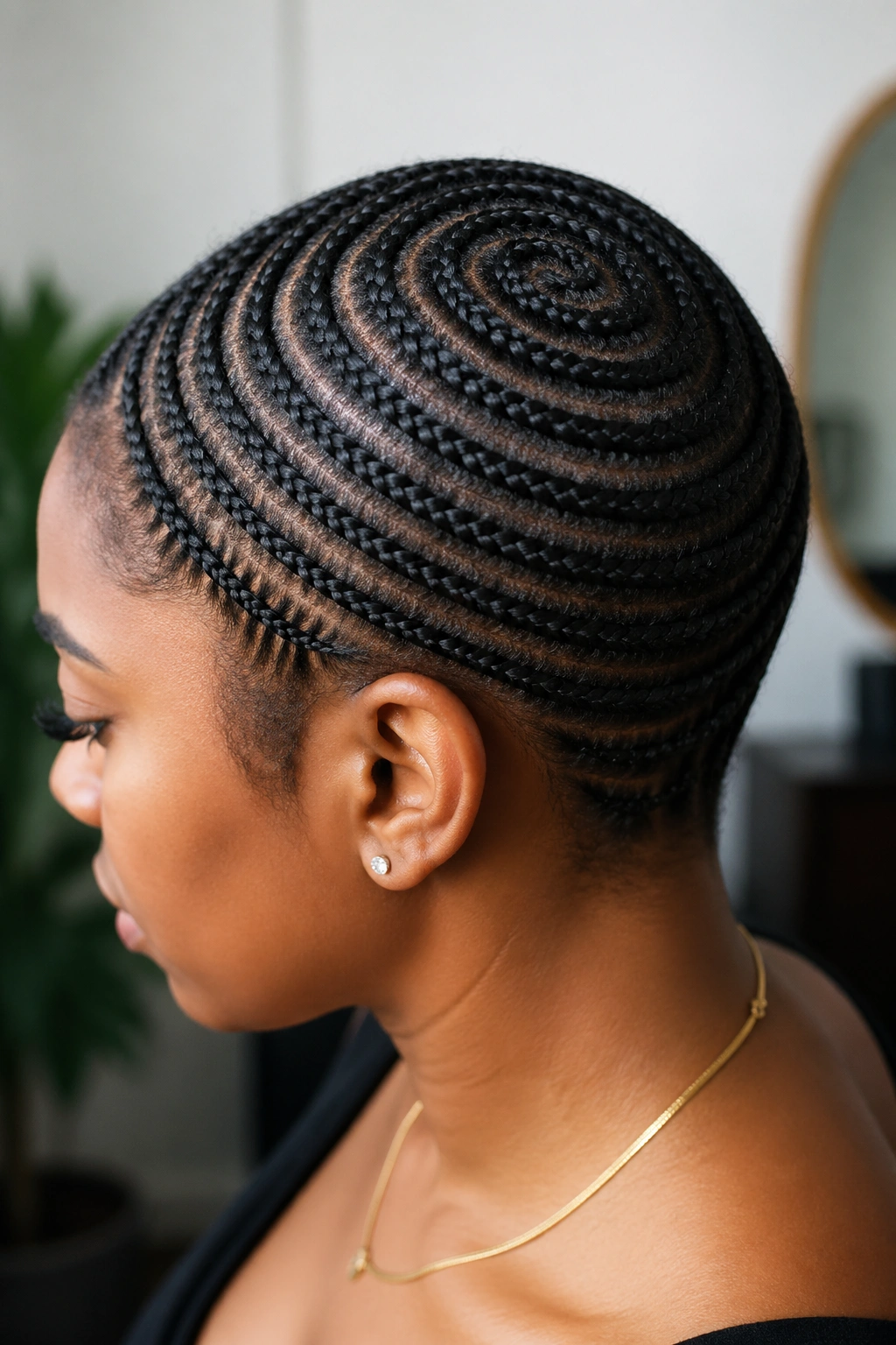Close-up of a real person with circular braids forming a spiral from the nape to the crown.