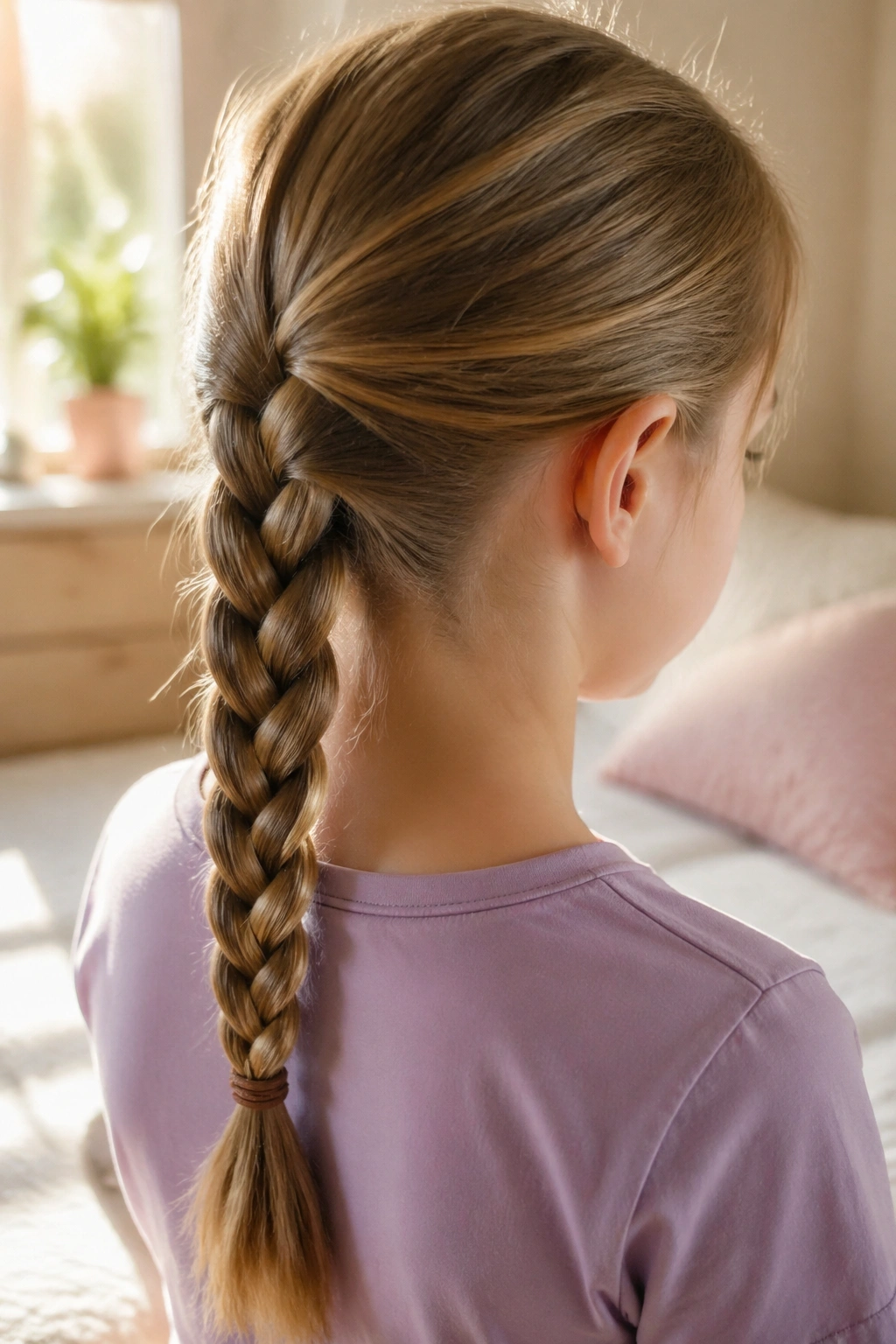 Close-up of a real child with a classic three-strand braid in natural bedroom light