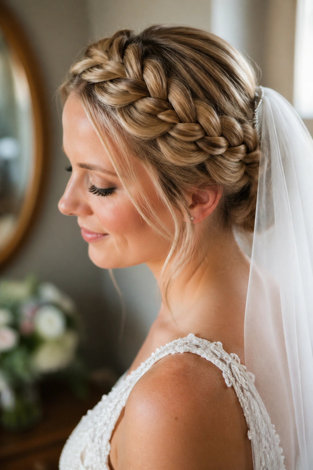 Close-up portrait of a real bride with a classic crown halo braid and veil