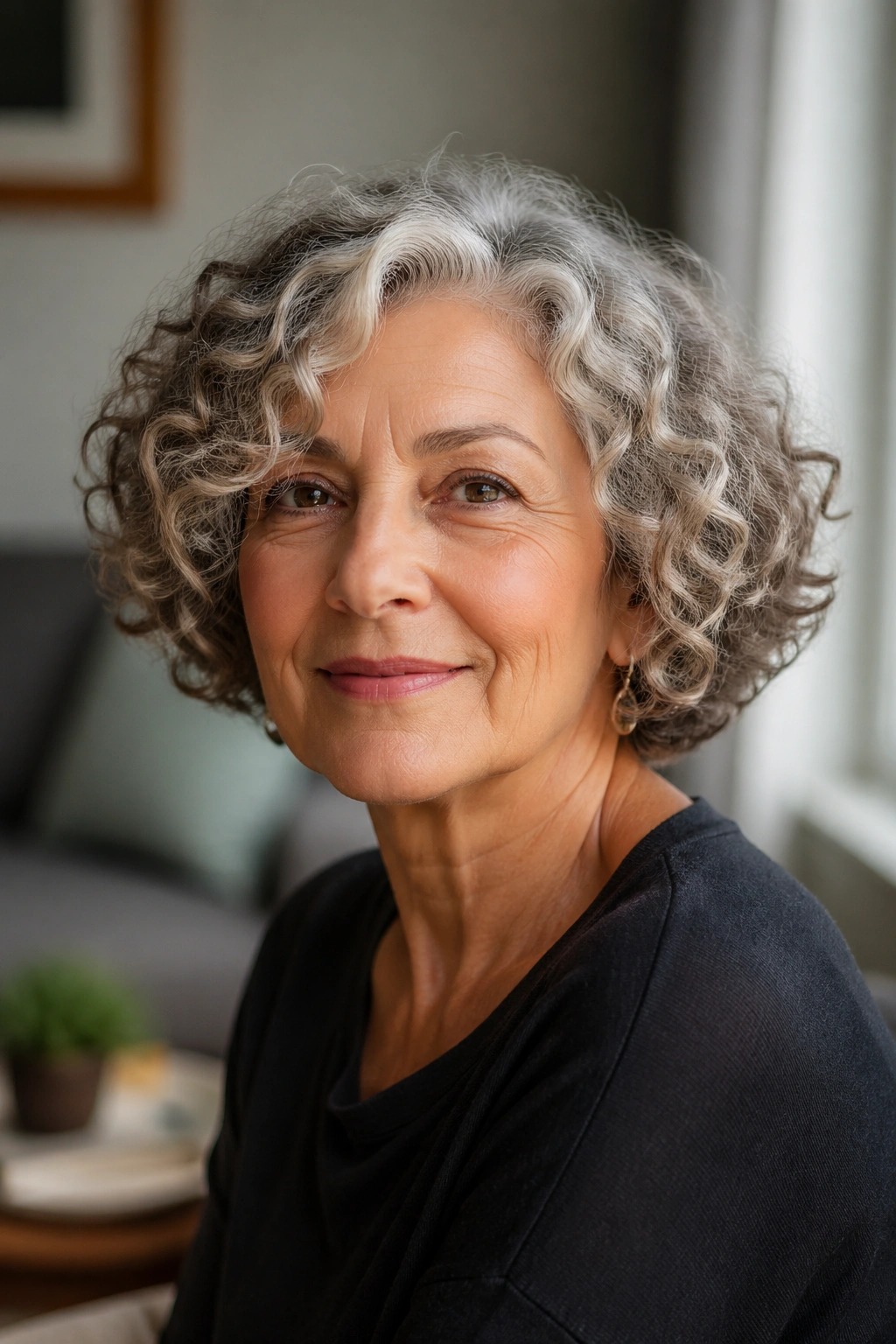 Real woman with classic curly bob in natural light