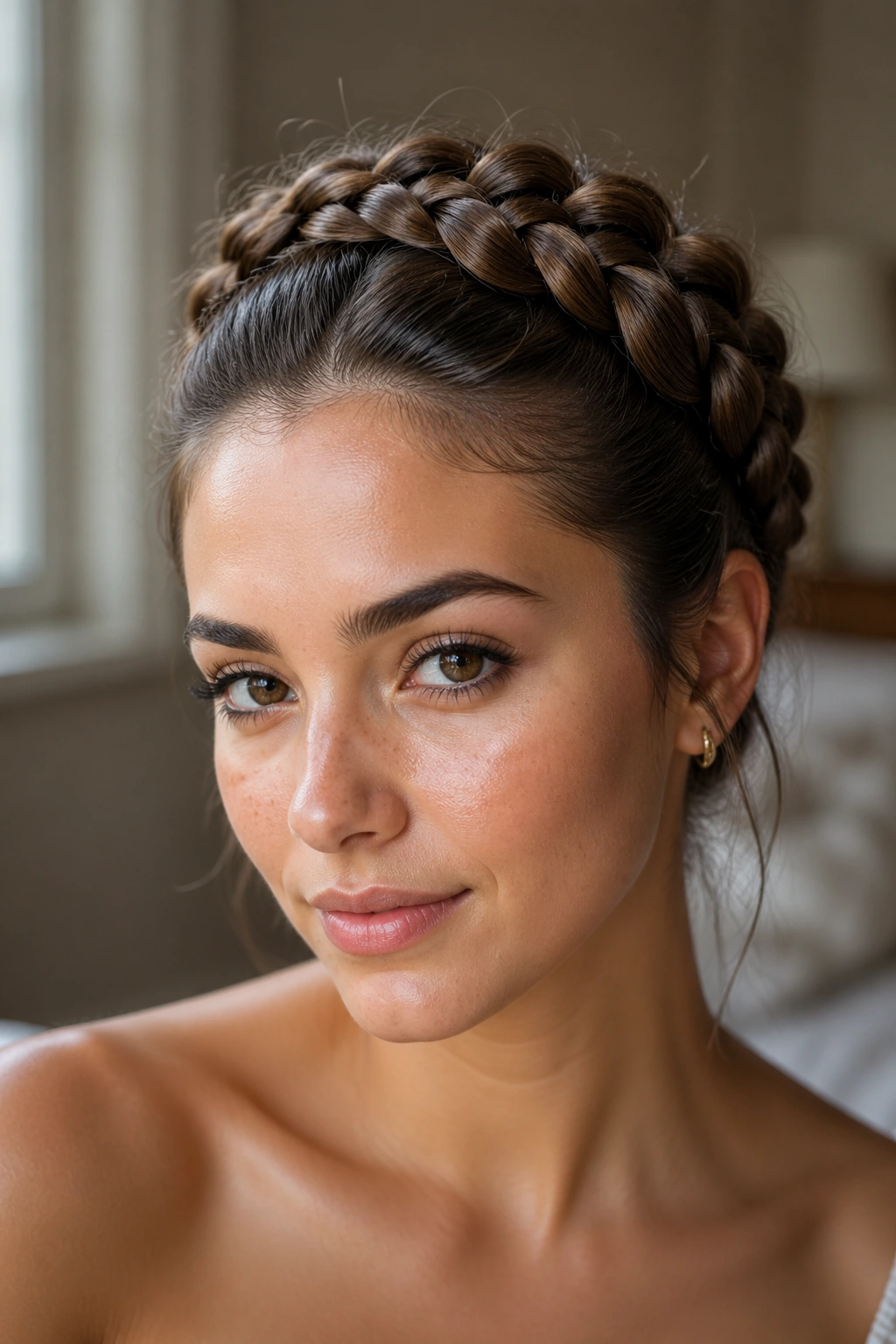 Close-up of a classic Dutch crown braid on a real woman in natural window light