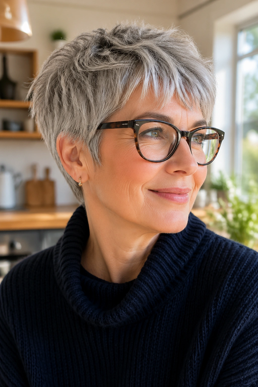 Close-up of a woman with classic French pixie and airy fringe.
