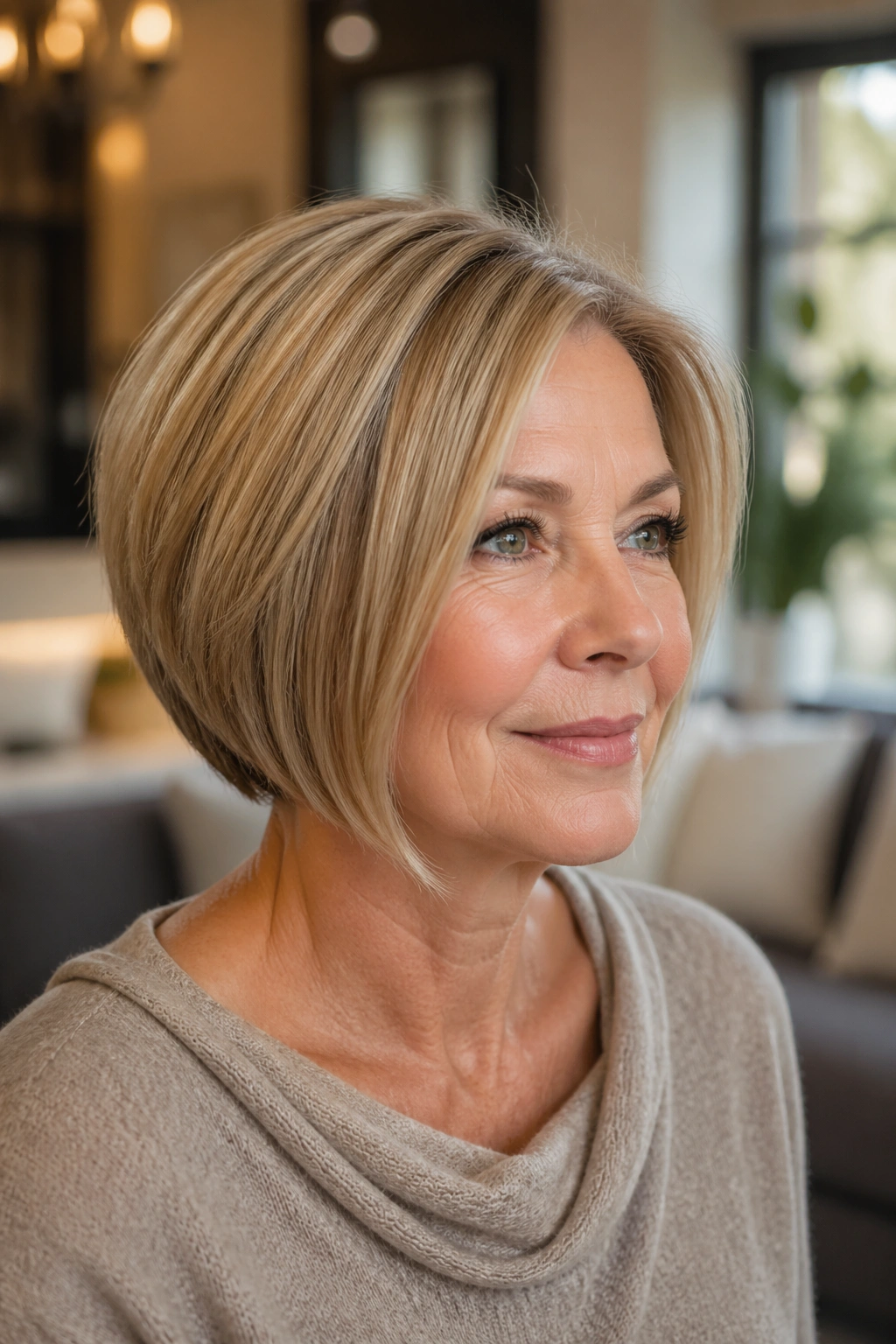 Close-up portrait of a real woman with a classic graduated bob