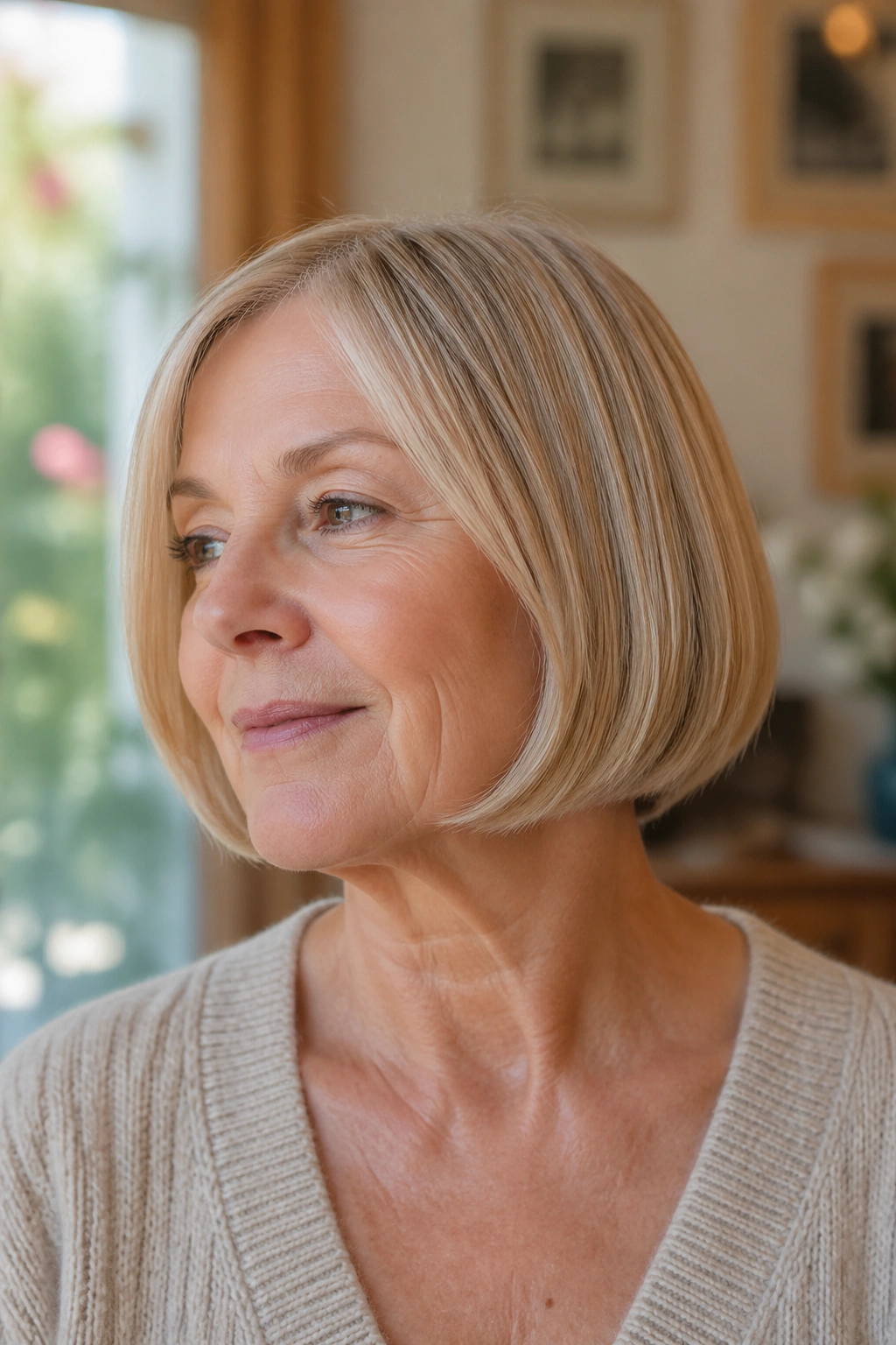 Close-up of an older woman with a classic pageboy and gentle bend in a cozy interior.