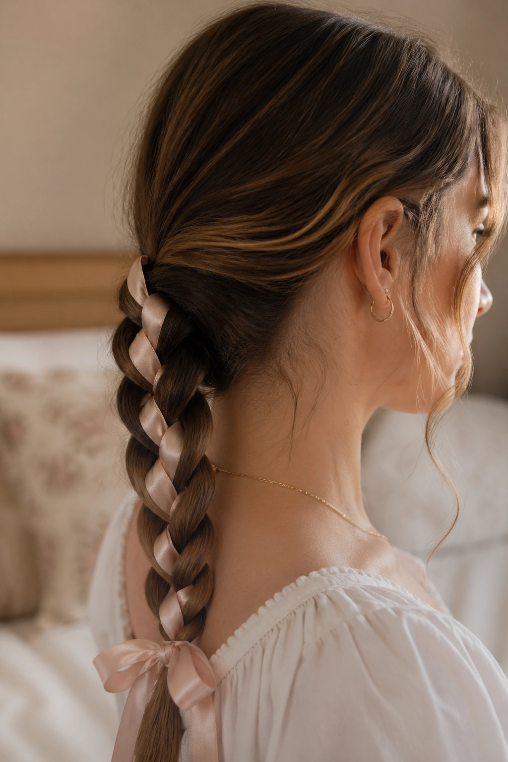 Close-up of a real woman with a classic three-strand ribbon braid in a cozy bedroom.
