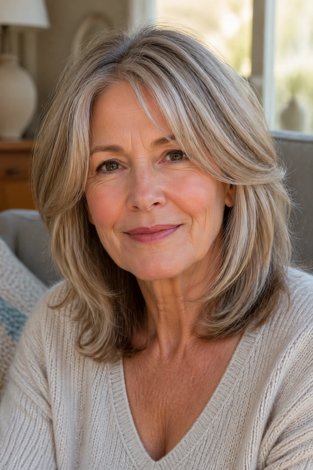 Close-up of a real woman with shoulder-length hair and long layers in a cozy living room