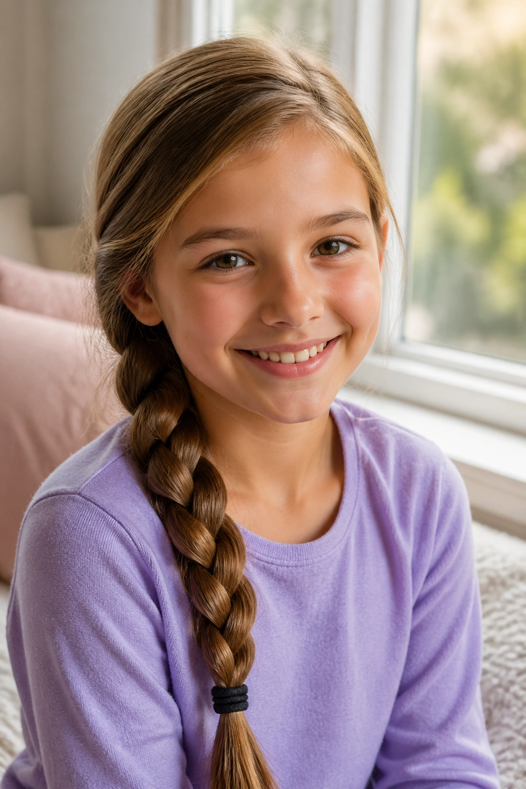 Close-up of a real girl's classic side braid in warm window light.