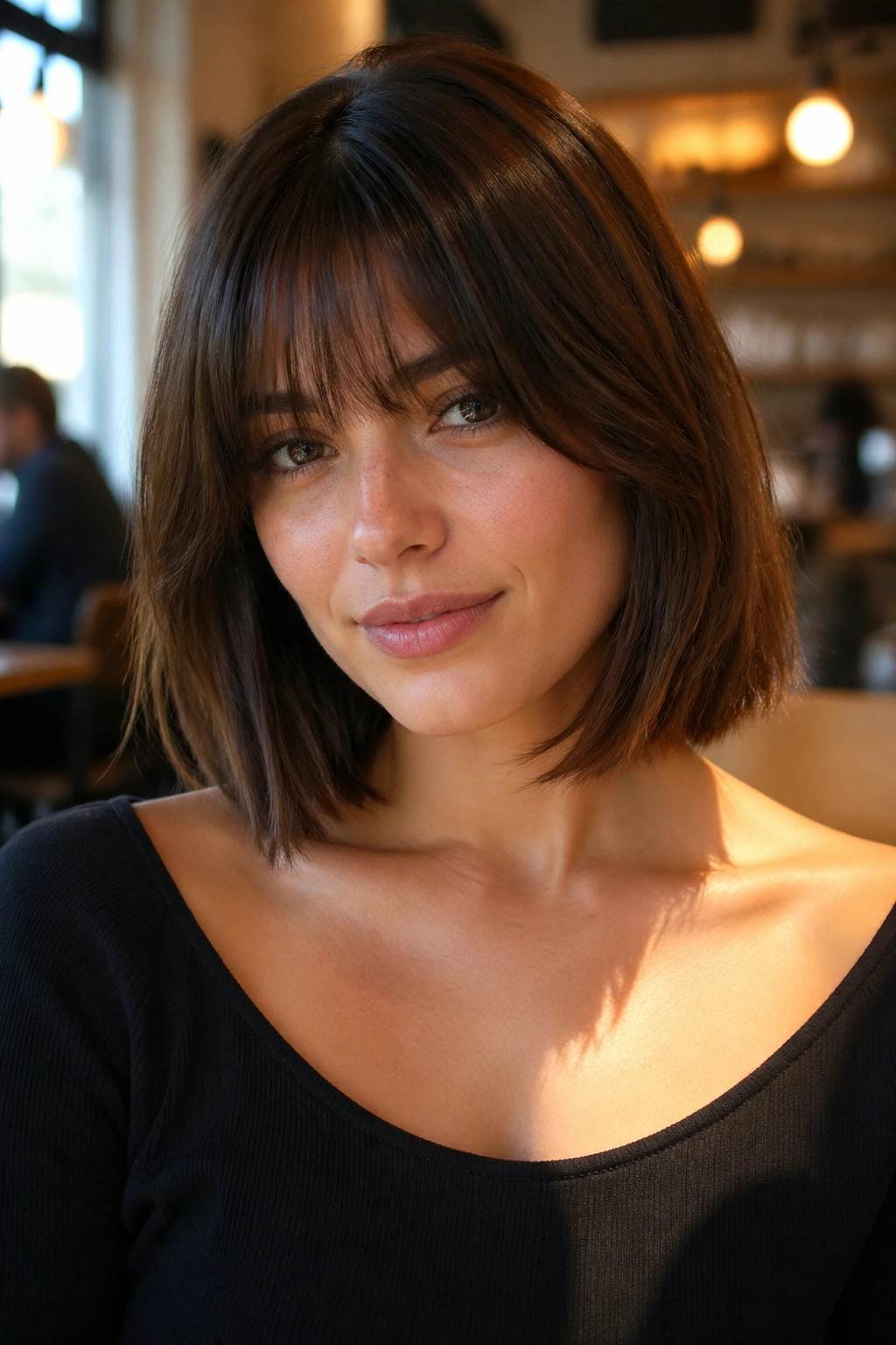 Close-up of a real person with clavicut hairstyle at the collarbone