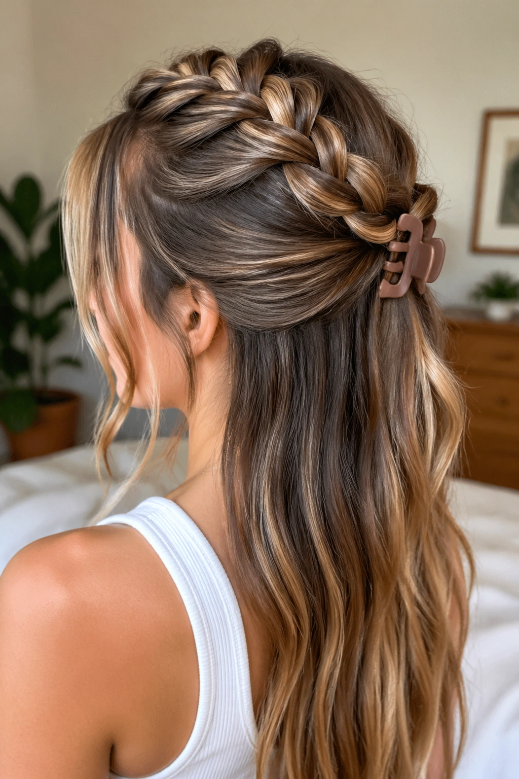 Real woman with half-up Dutch braid finished with a claw clip