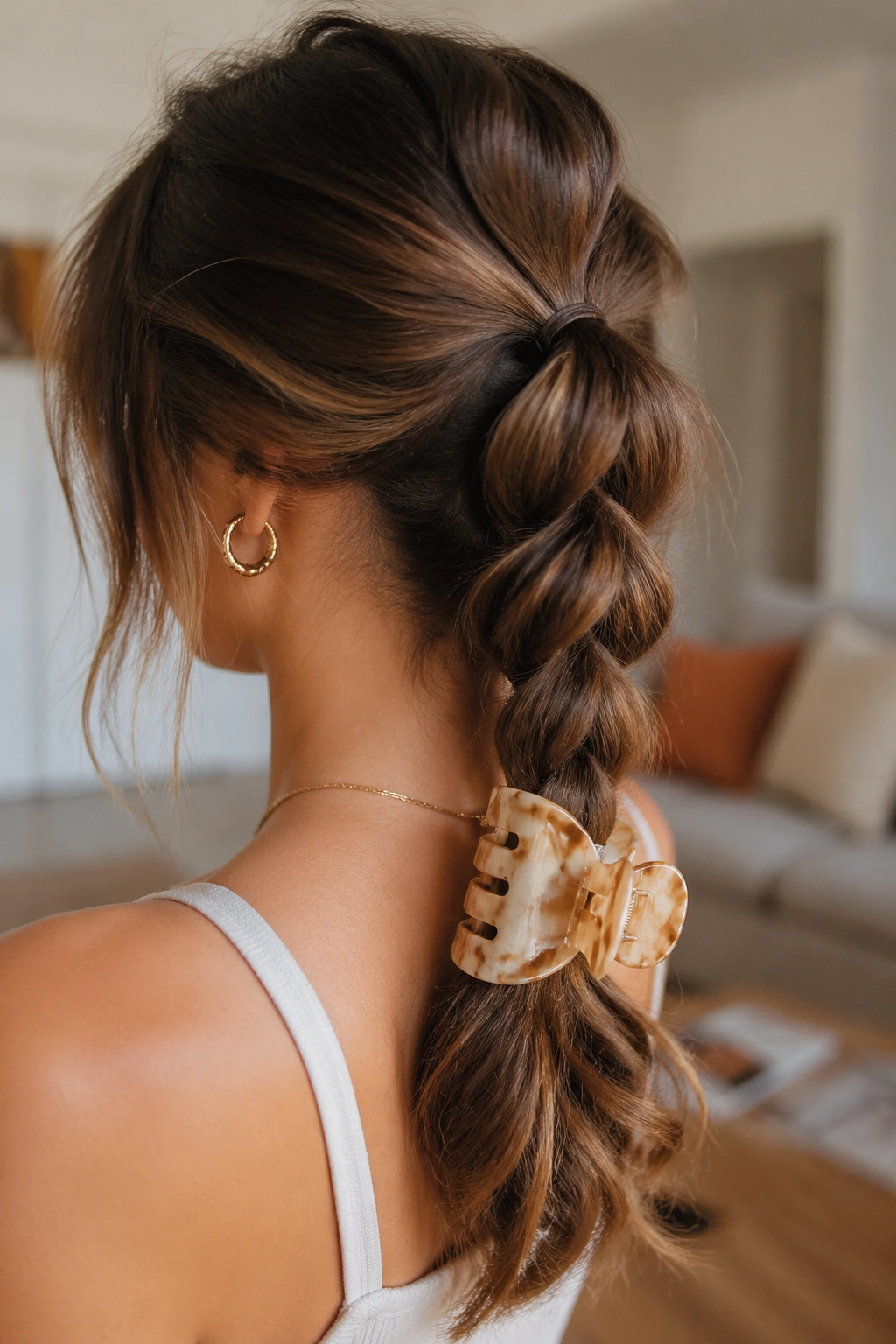 Portrait of a real person with a bubble braid secured by a claw clip in a cozy living room