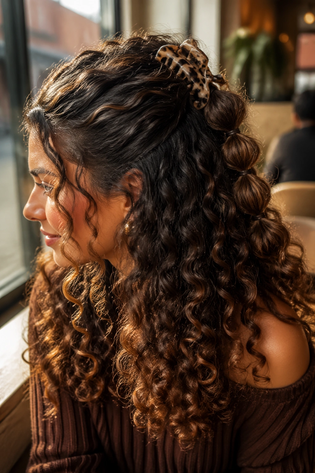 Portrait of a woman wearing a claw-clip bubble half-up hairstyle in a cafe setting.