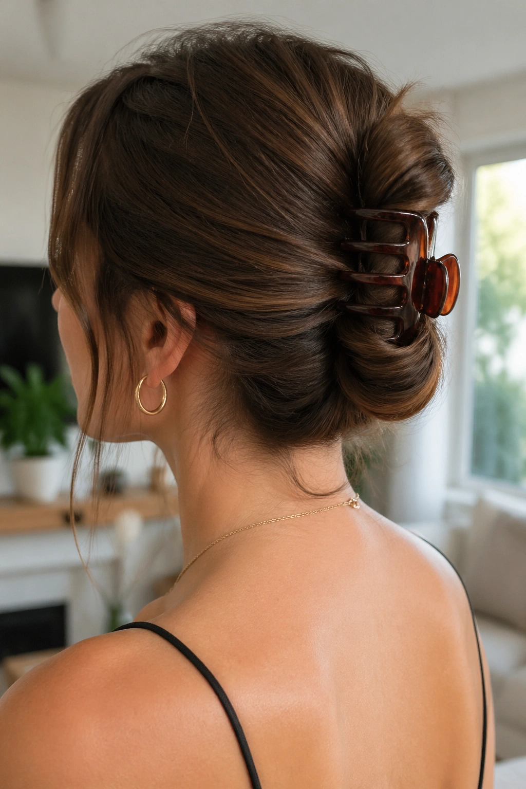 Close-up of a real woman with a claw-clip fold-over bun indoors