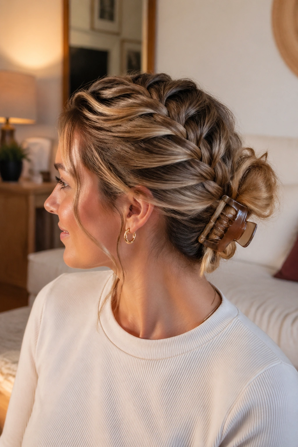 Close-up of a real woman with a French braid into a bun and a claw clip under the bun