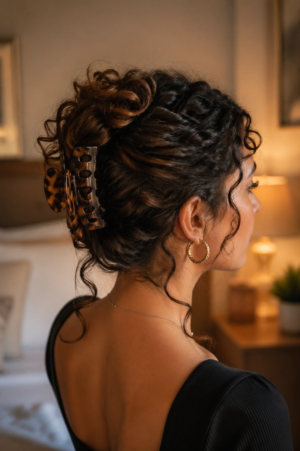 Close-up of a real woman with a claw-clip french twist hairstyle secured at the back